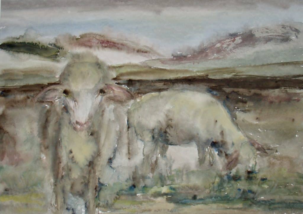 Schafe auf der Schwäbischen Alb, Hilde Franz Aquarell