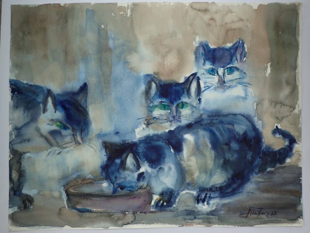 Hilde Franz Aquarell Katzenfamilie
